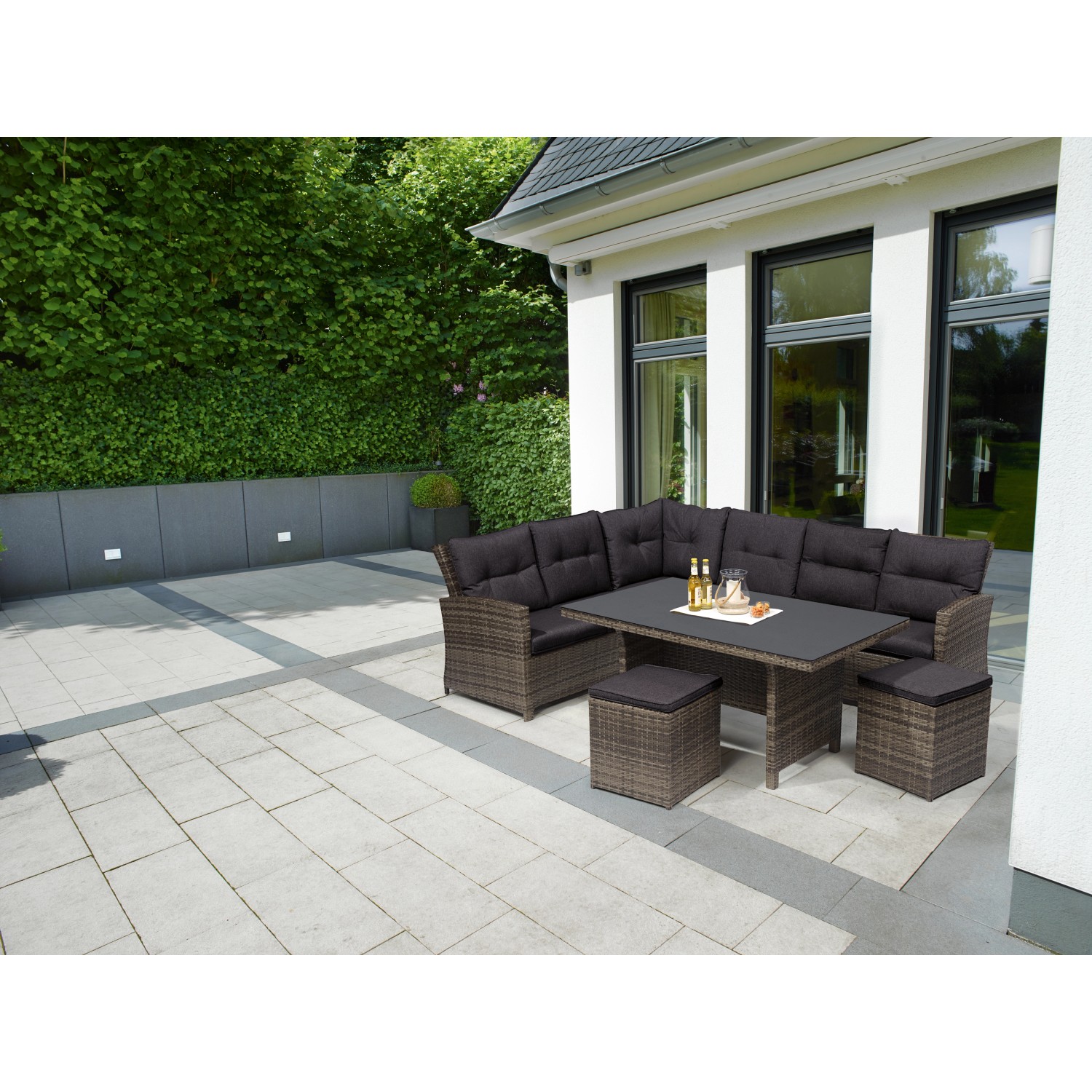 LoungeSet mit Esstisch Vermont 5teilig Polyrattan Links Shadow Dark