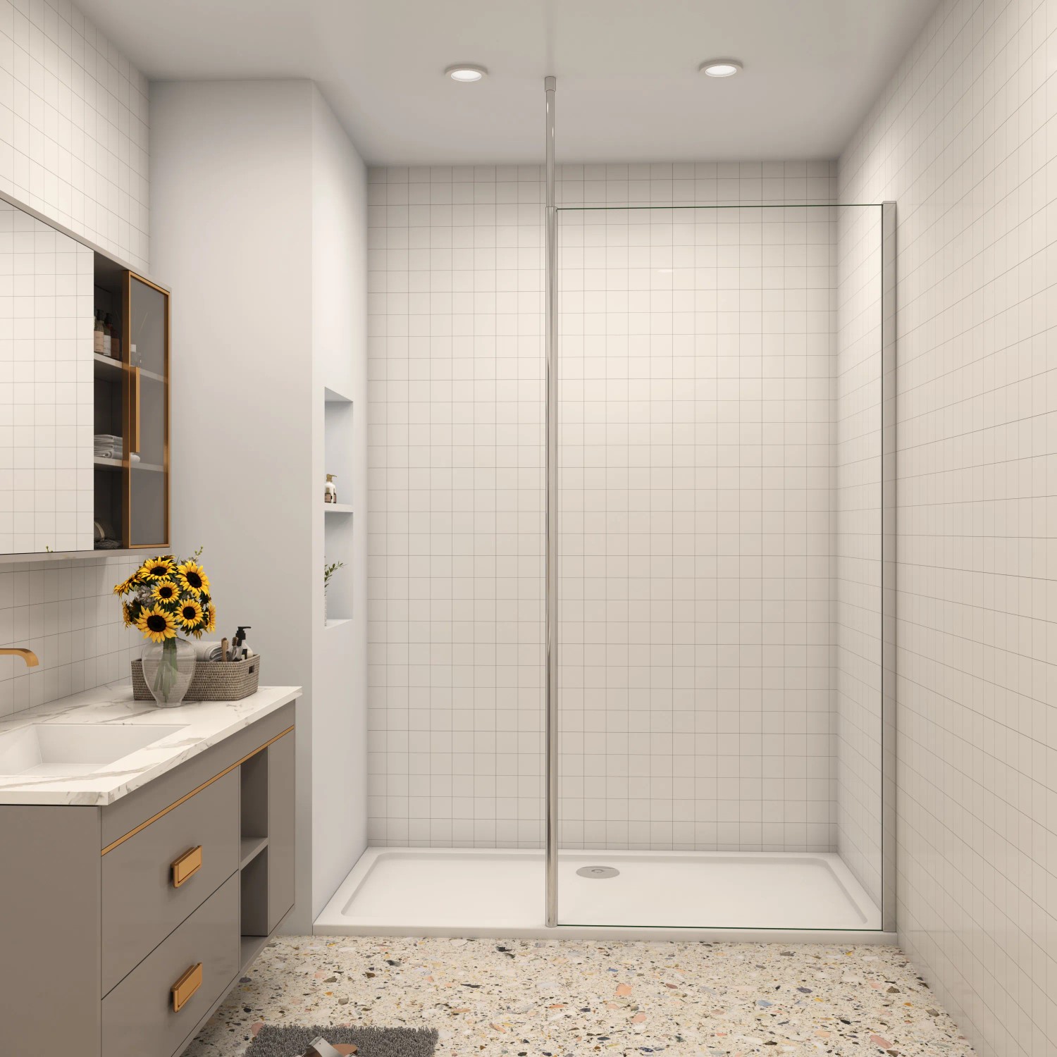 AICA Walk-In Duschkabine 110x200cm mit Deckenstrebe, 8mm NANO Glas Duschwand.