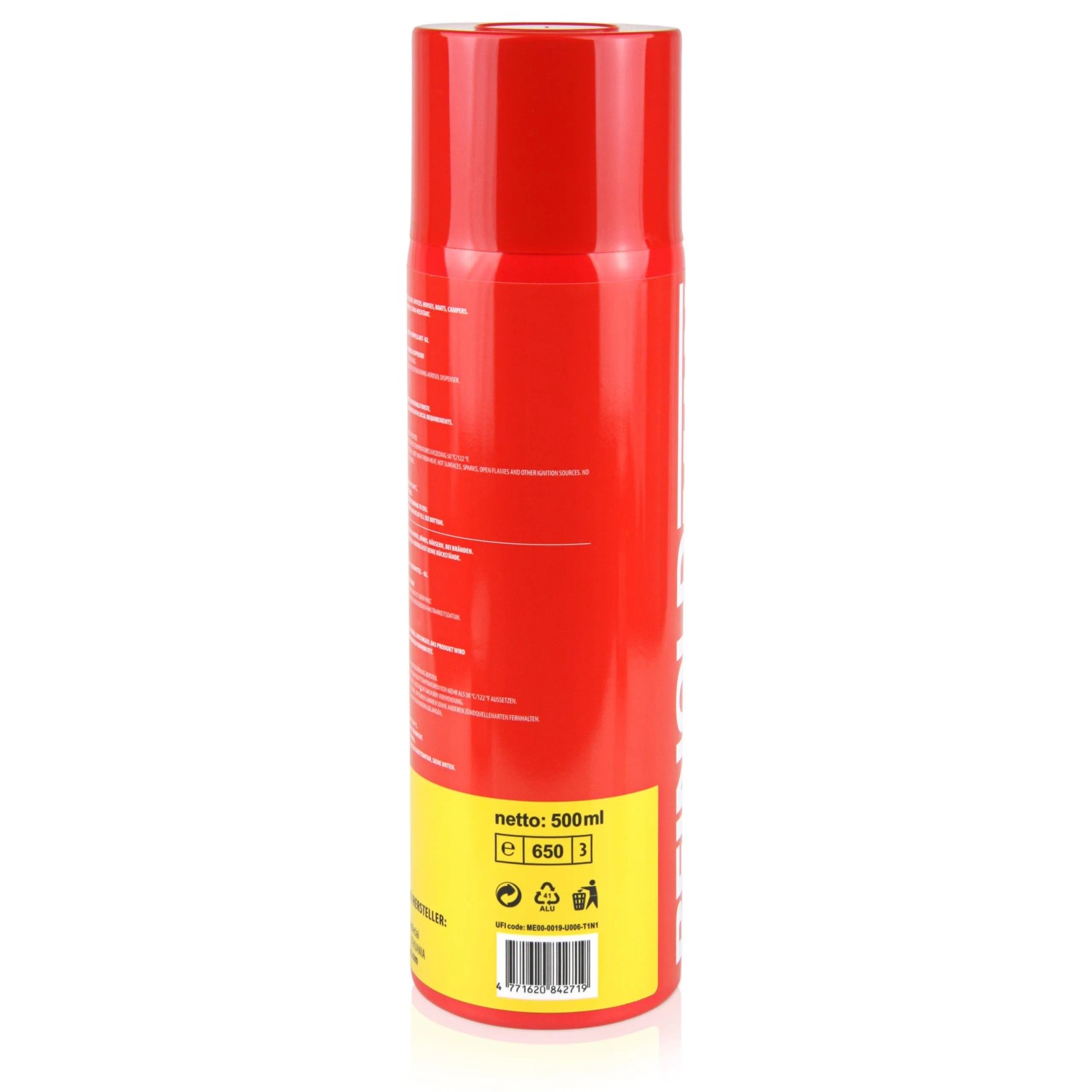 Rotes Höfer Chemie Feuerlöschspray für Haushalt, 500g, mit abgenommenem Deckel.