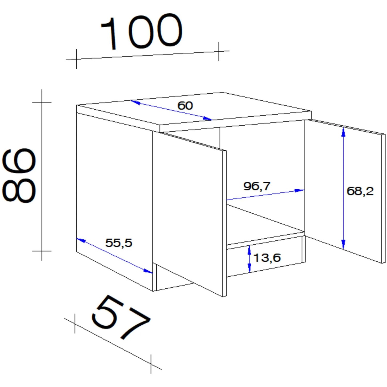Skizze des Flex-Well Spülenunterschranks Orlando, 100 cm breit, mit Maßangaben.
