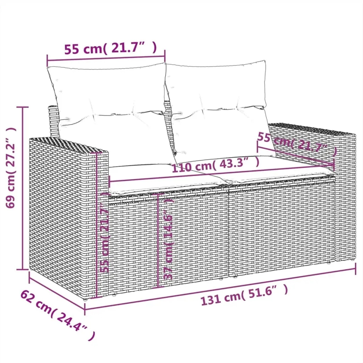 Schwarze 8-tlg. vidaXL Garten-Sofagarnitur aus Polyrattan mit Kissen, Maße eingezeichnet.