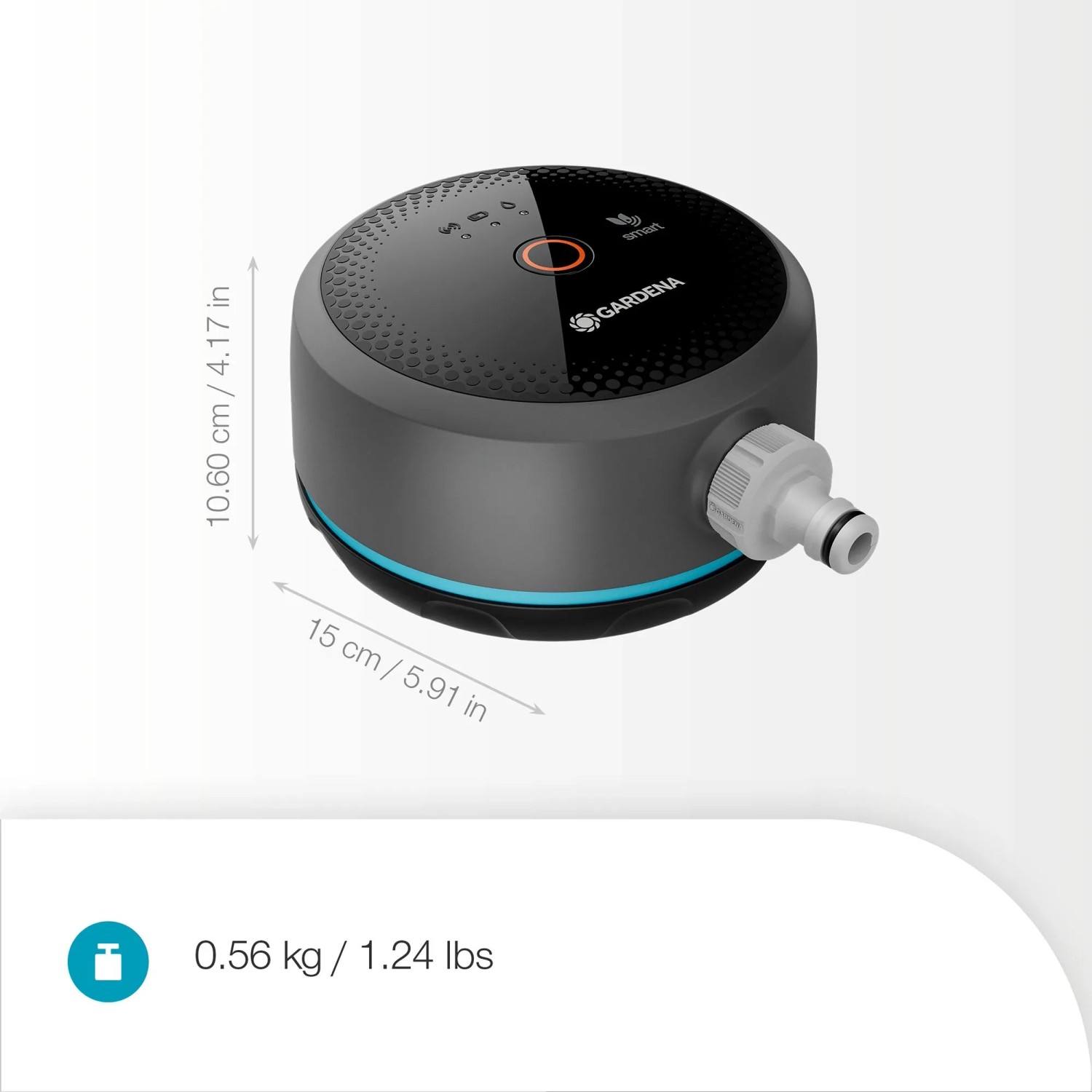 Gardena Smart Pipeline Water Control Bewässerungscomputer mit Maßen und Gewicht.