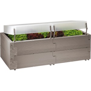 Juwel Hochbeet Timber Komplett-Set aus Kunststoff in Holzoptik mit Thermohaube und Bepflanzung.