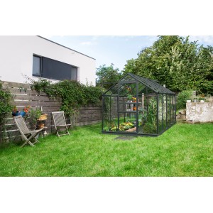 Vitavia Gewächshaus Venus 6200 ESG 3 mm Schwarz im Garten mit Pflanzen.