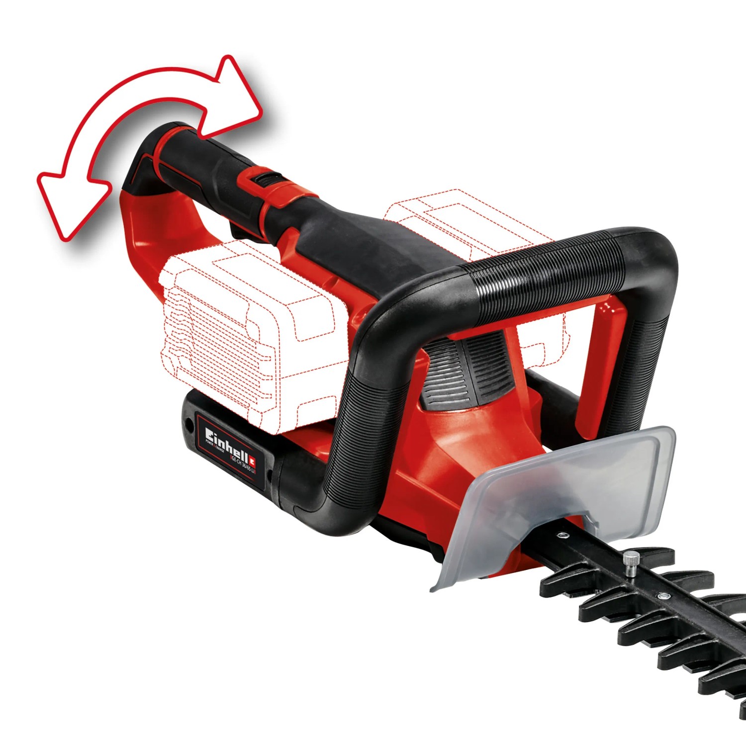 Einhell Akku-Heckenschere GE-CH 36/65 Li-Solo mit drehbarem Griff für flexible Schneidpositionen.