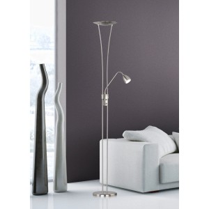 Moderner LED-Deckenfluter in Nickel matt mit Lesearm, 180cm hoch.