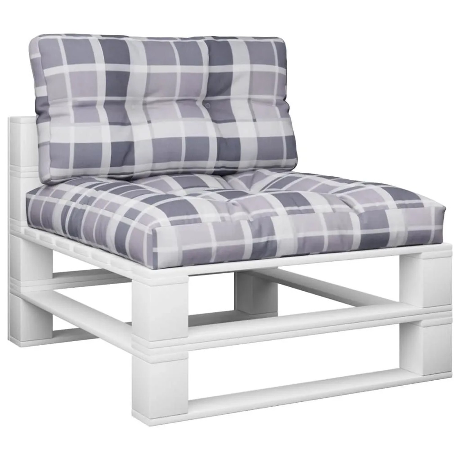 Graues Palettenkissen-Set mit Karomuster, bestehend aus Sitz- und Rückenkissen, auf weißem Palettensofa. Gartenmöbel.