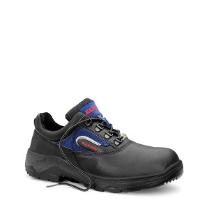 Schwarzer Elten Sicherheitshalbschuh Bruno ESD S2, Größe 48, aus Leder mit Stahlkappe.