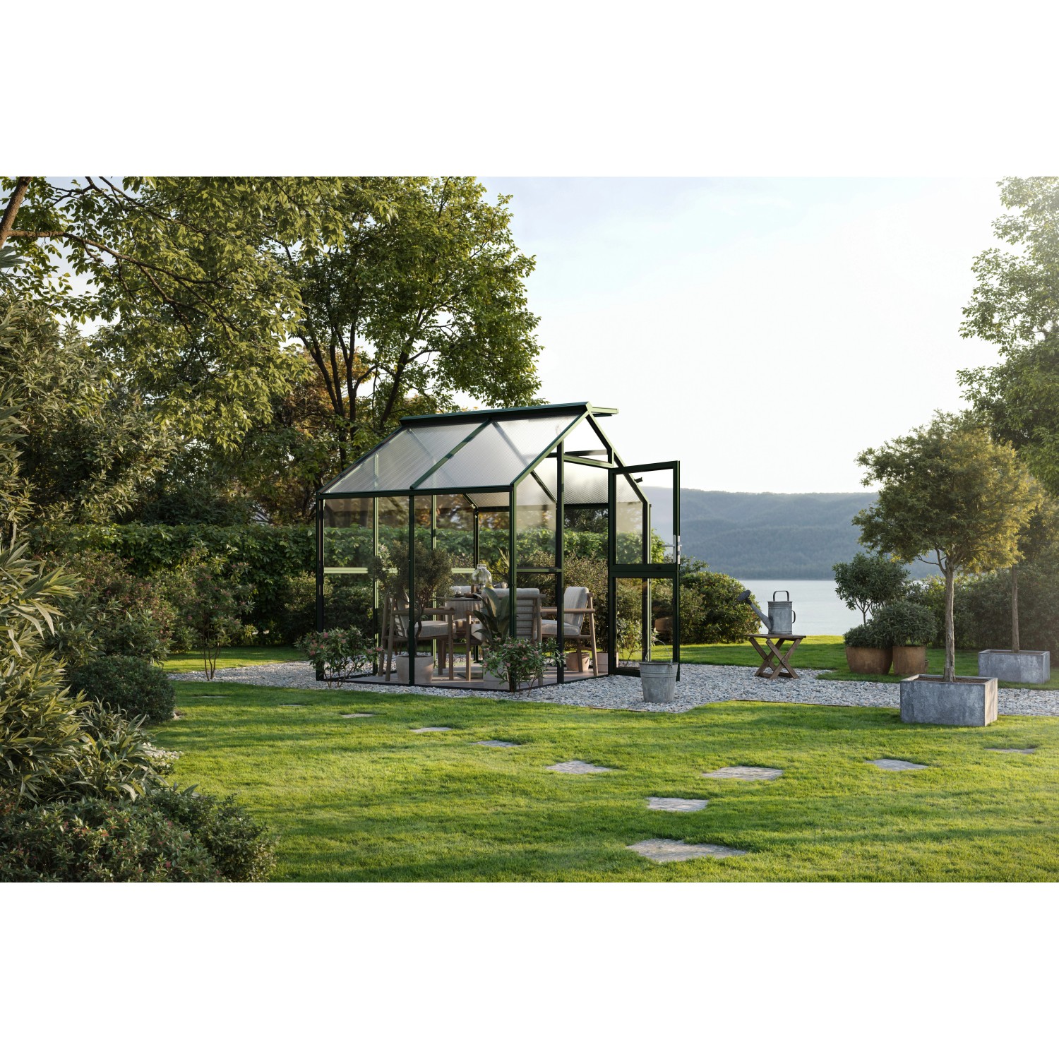KGT Gewächshaus Novum II, tannengrün, 5,68 m², im Garten mit Esstisch und Stühlen.