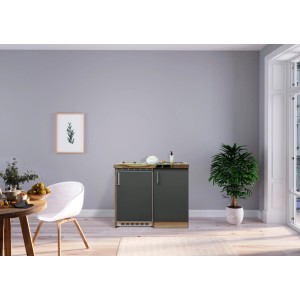 Respekta Miniküche MK100ESGC, 100 cm, Grau-Eiche Dekor mit Kühlschrank und Glaskeramikkochfeld.