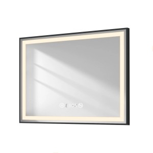 Emke Badspiegel 80x60cm mit LED-Beleuchtung, schwarzem Rahmen, Touch, Antibeschlag, Uhr und Temperaturanzeige.
