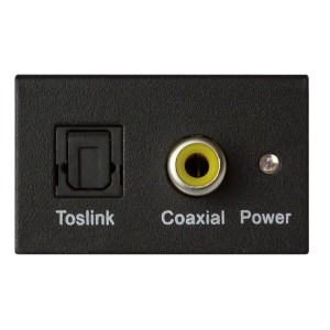 Dynavox Mini-DAC II: Rückseite mit Toslink, Coaxial & Power Anschlüssen für Audio & Video.