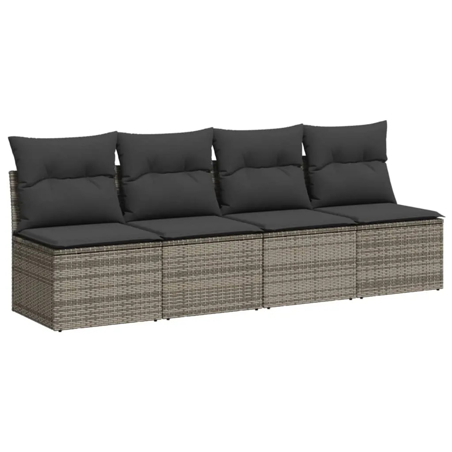 Graue vidaXL Garten-Sofagarnitur aus Rattan mit dunklen Kissen, 4-teilig.
