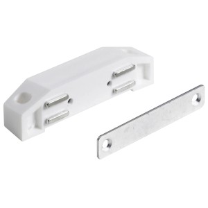 Weißer Hettich Magnetschnäpper (10 kg) mit Gegenplatte zur Möbelausstattung.