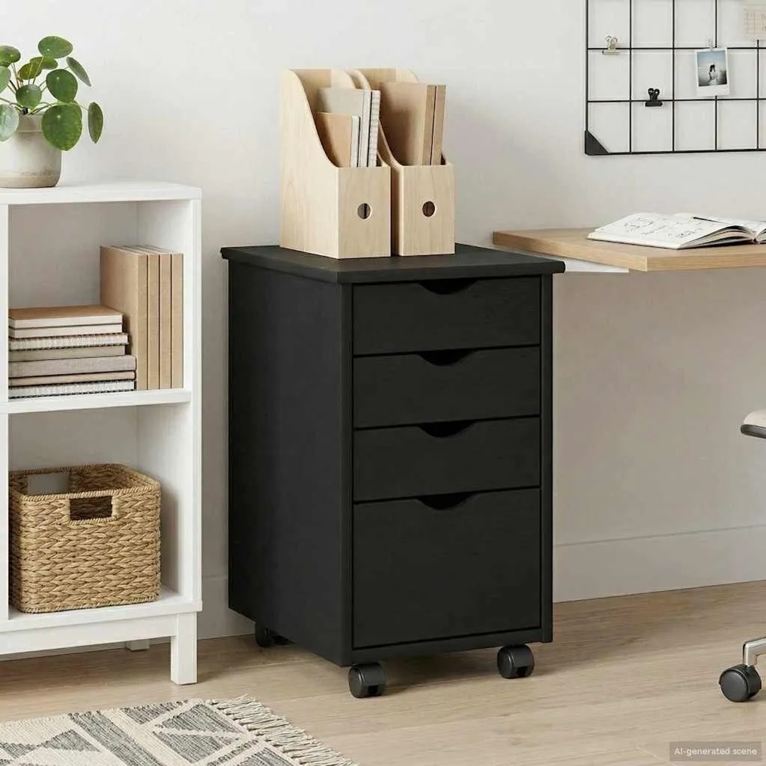 Schwarzer vidaXL Rollschrank aus Kiefernholz mit 4 Schubladen für Büro oder Wohnzimmer.