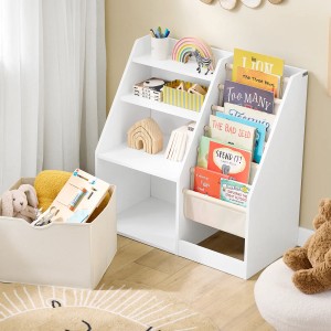 Weißes SoBuy Bücherregal/Kinderregal mit Stofftaschen und 3 Regalen. Ideal zur Aufbewahrung von Büchern und Spielzeug.