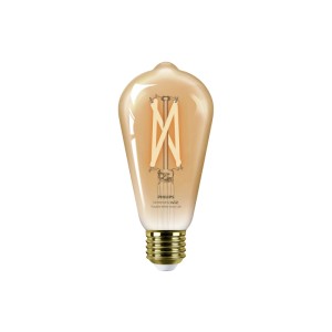 Philips Smart-LED-Leuchtmittel E27 Tropfenform, gold getönt, mit sichtbaren LED-Filamenten für Vintage-Look.