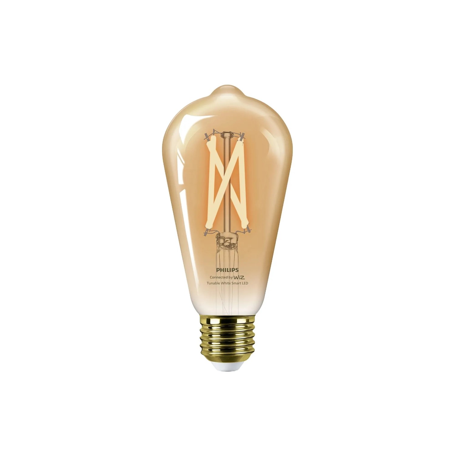 Philips Smart-LED-Leuchtmittel E27 Tropfenform, gold getönt, mit sichtbaren LED-Filamenten für Vintage-Look.
