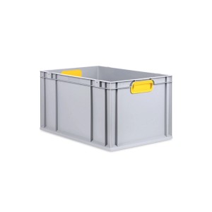 Graue PROREGAL Eurobox 65L mit gelben Griffen, geschlossen, verstärkter Boden. Ideal zur Aufbewahrung.