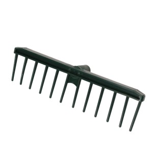 Dunkelgrüner Kunststoffrechen mit 12 Zinken, 42 cm breit, für Laub und Gartenarbeit.