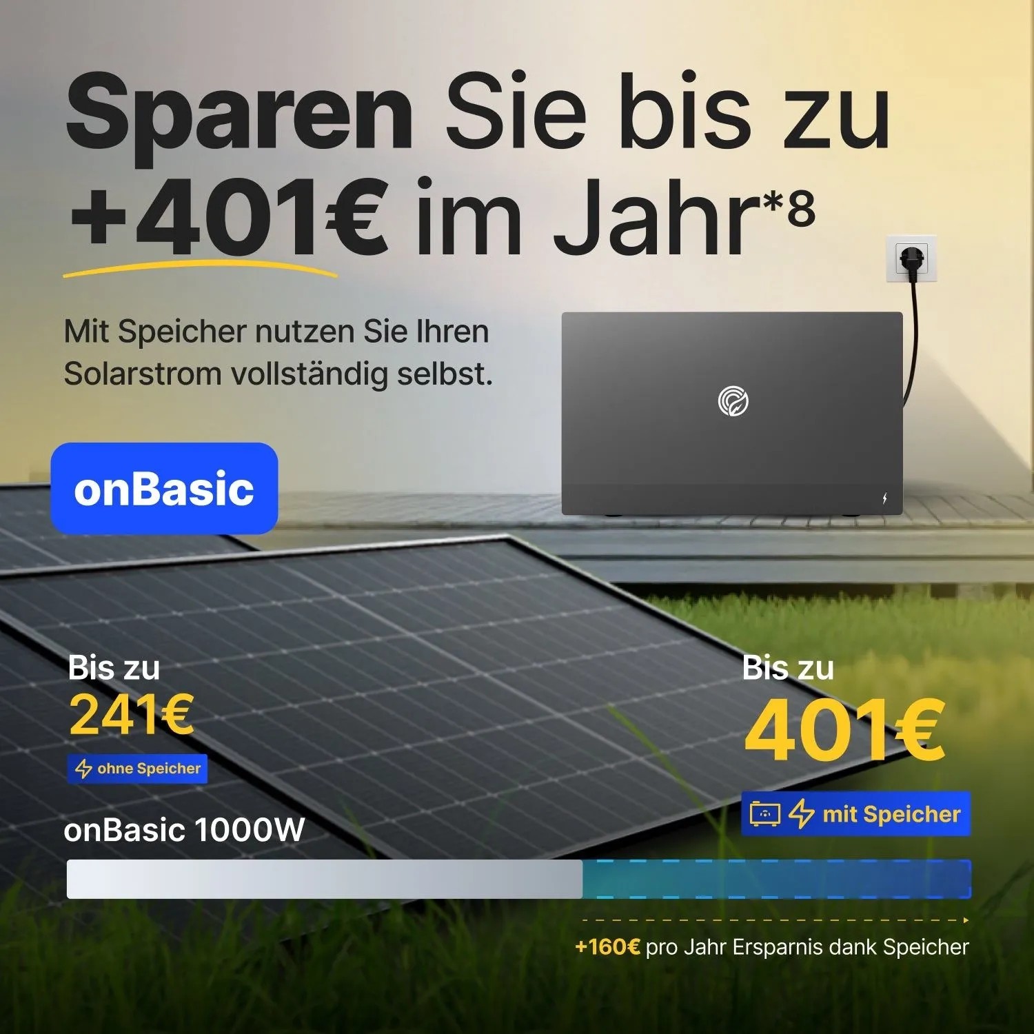 Solakon Balkonkraftwerk Solaranlage mit Modulen, Wechselrichter und Speicher. Zeigt bis zu 401€ jährliche Ersparnis.