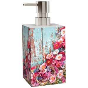 Sanilo Seifenspender Spring mit Blumenmuster und silberner Pumpe.