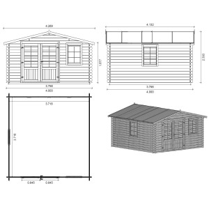 Technische Zeichnung Gartenhaus Altanka 16m², 4x4m, 40mm. Holz-Gartenhaus mit Doppeltür und Fenster.