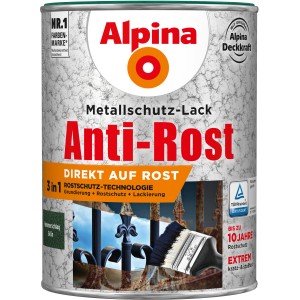 Dose Alpina Metallschutz-Lack Anti-Rost Grün Hammerschlag, 2,5 Liter.
