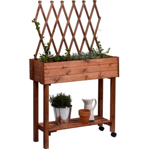 Rollbares Hochbeet aus Holz mit Rankhilfe, braun, 130x79x28,5cm. Mit Ablagefläche und Kräutern bepflanzt.
