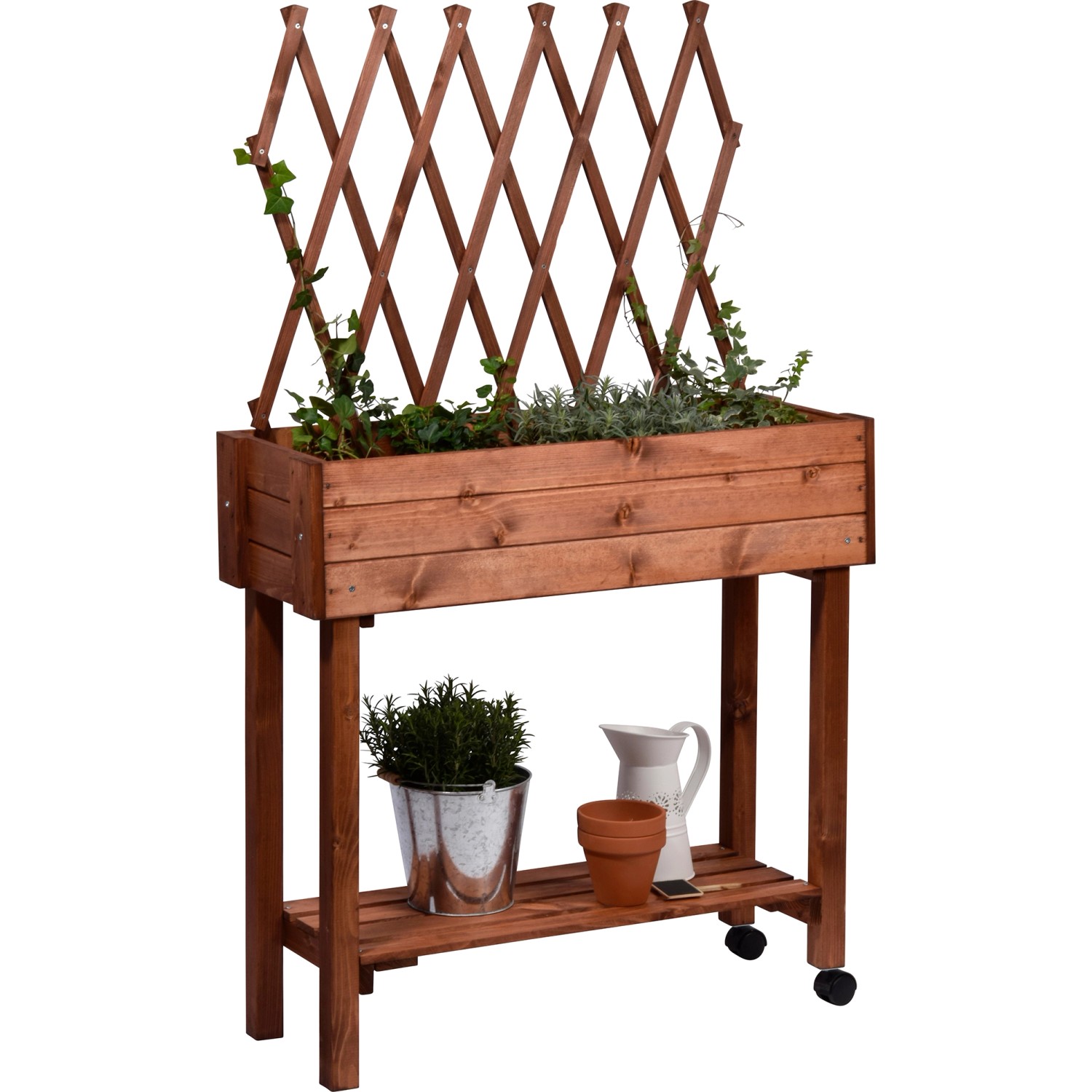 Rollbares Hochbeet aus Holz mit Rankhilfe, braun, 130x79x28,5cm. Mit Ablagefläche und Kräutern bepflanzt.