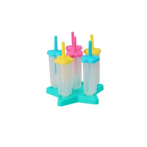 Eis-Lolly-Maker mit 6 Formen in Pink, Gelb und Blau auf türkisfarbenem Ständer.
