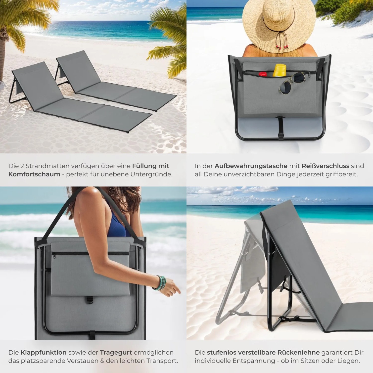 2er Set Tectake Strandmatten Mina, grau/blau, mit verstellbarer Rückenlehne und Tragegurt.