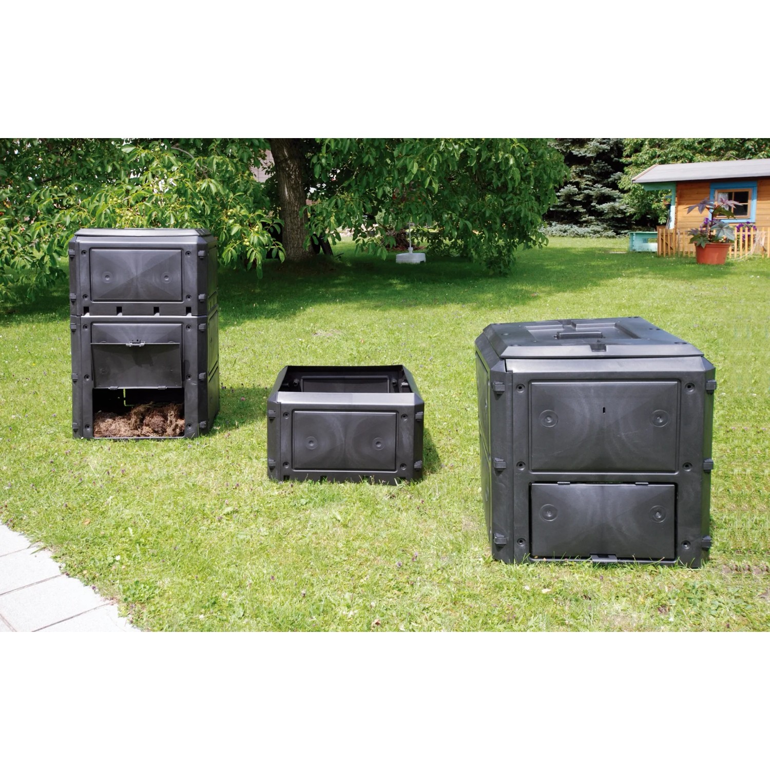 KHW Komposter Bio-Quick Basismodell, 420 l, anthrazit, mit Entnahmeklappe, im Garten.