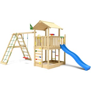Jungle Gym Spielturm Chateau mit Schaukel, Kletterbock und blauer Rutsche.