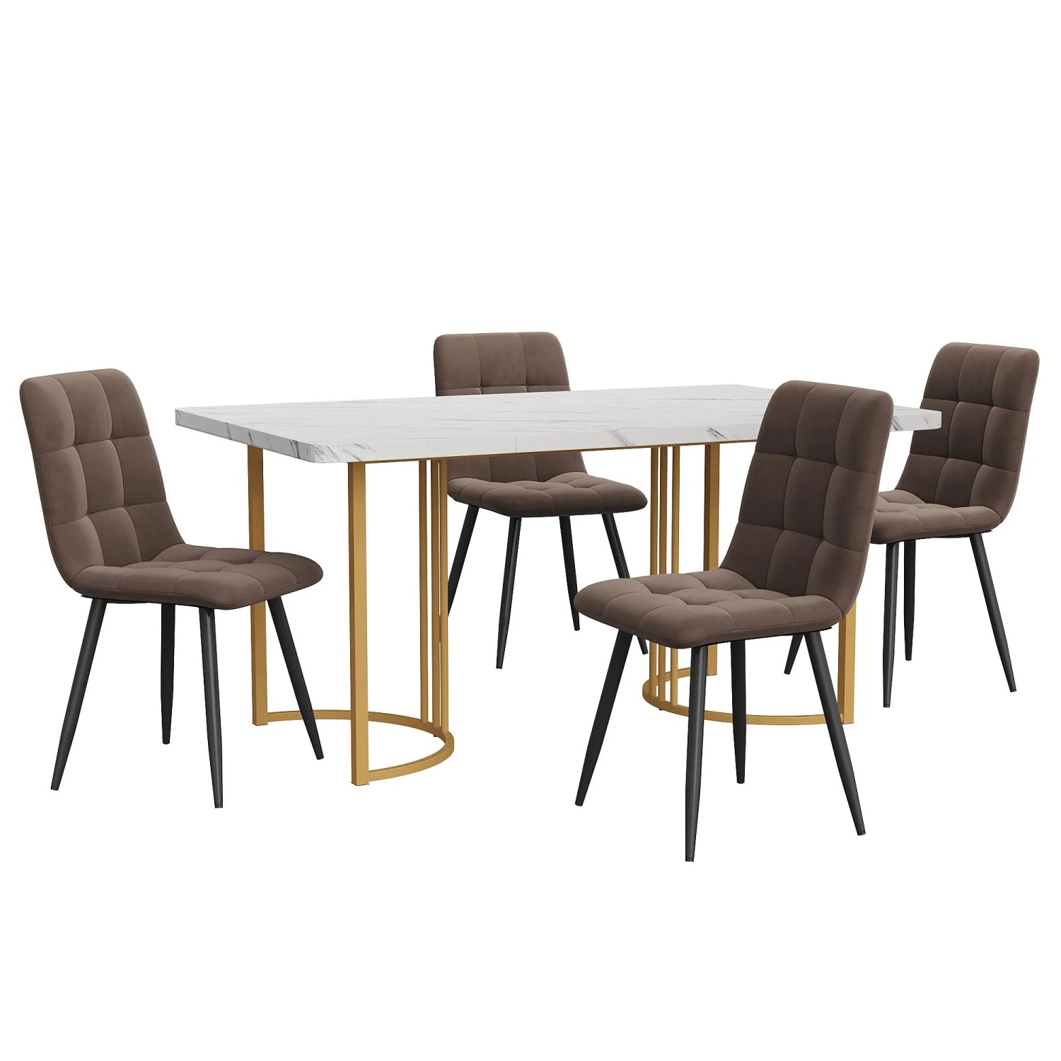 Merax Essgruppe 5-tlg mit 140x80cm Esstisch  4 Samtstühle Braun  MDF Tischplatte Weiß  Goldbeine