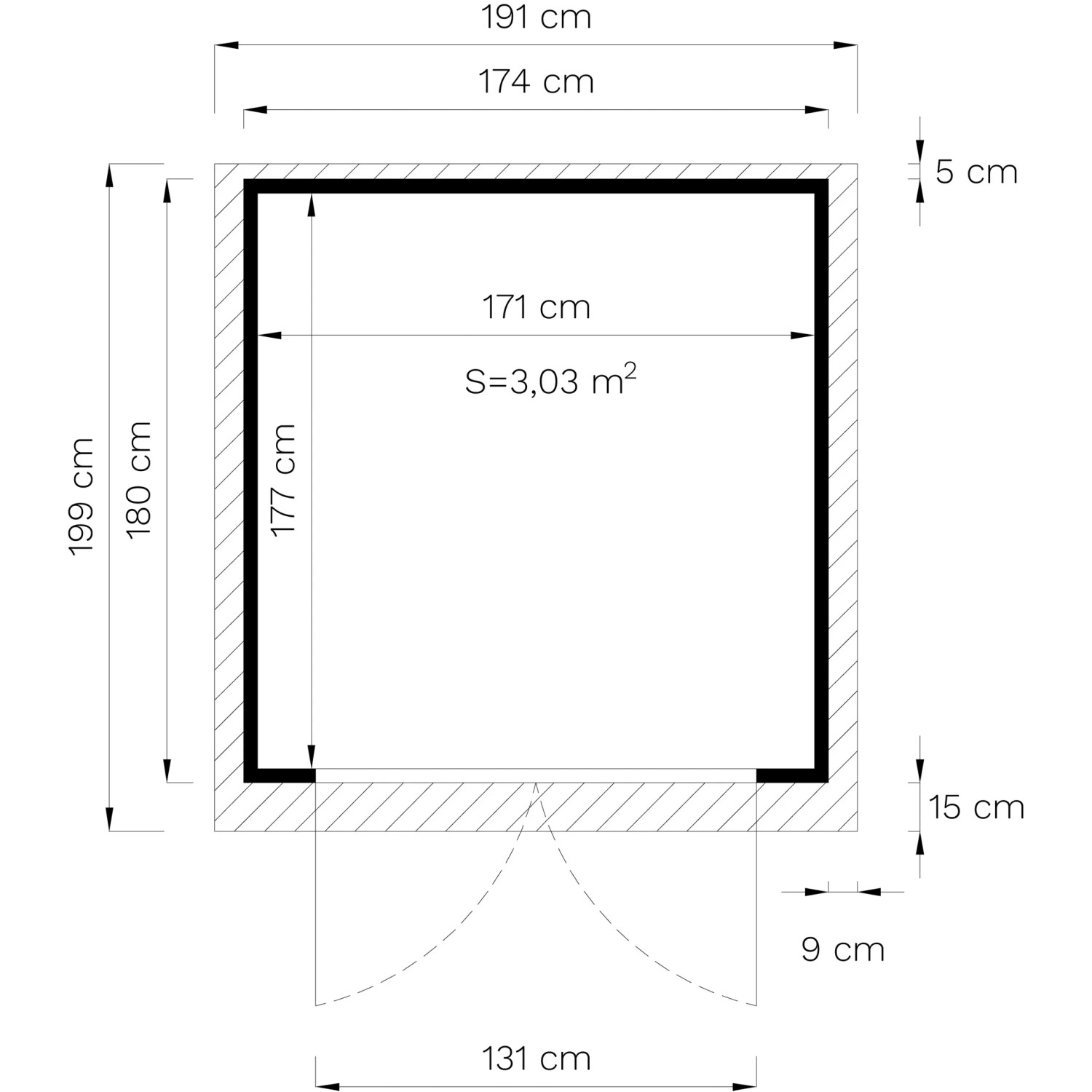 Grundriss Gartenhaus Amrum 2: 180x174 cm, Holz-Gartenhaus mit Doppeltür. Abmessungen und Details.