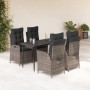 5-teilige Garten Essgruppe aus grauem Poly Rattan mit schwarzen Kissen.
