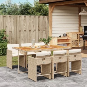 7-tlg. Garten-Essgruppe aus Rattan mit beigen Kissen. Gartenmöbel-Set mit Tisch und Stühlen.