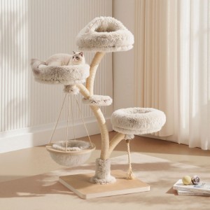 Fudajo Designer Kratzbaum 130cm im Zweigdesign. Beiger Kletterbaum mit Sisalstamm, Plüsch-Liegeflächen und Katze.