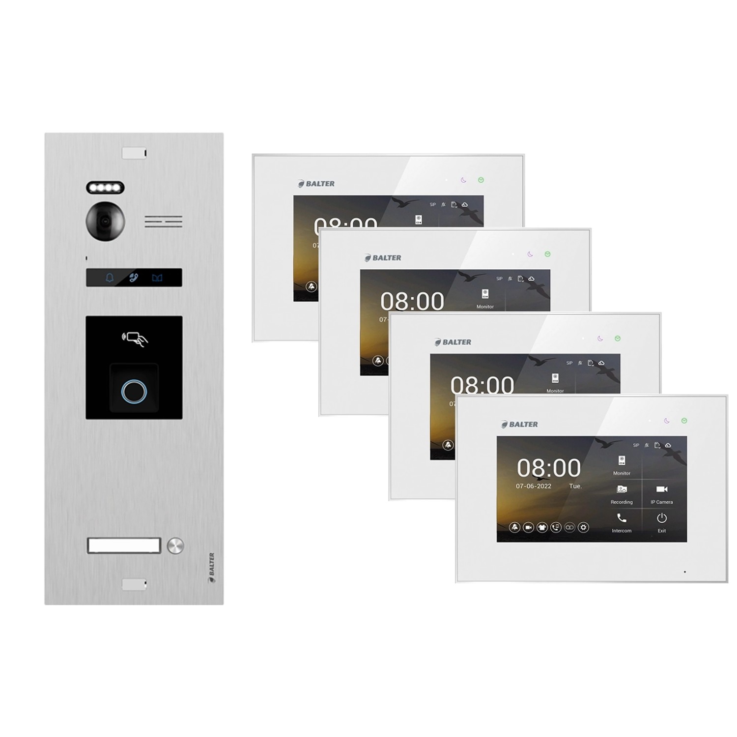 BALTER EVO-HD WIFI Video-Türsprechanlage mit Fingerprint & RFID für 1-Familienhaus mit 4x Monitor Weiß