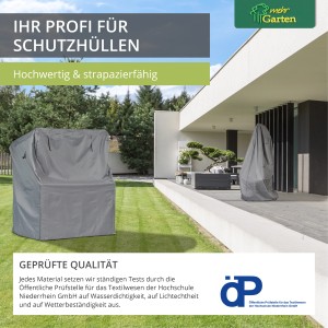 Rechteckige Premium Schutzhülle für Gartentisch, wasserdicht und UV-beständig, im Garten.