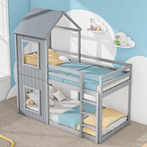 KOMHTOM Etagenbett 90x200Cm  Kinderbett  Kabinenbett Mit Leiter Und Baldachin  Bodentief  Massivholz  Grau