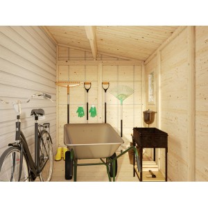 Innenansicht Palmako Mia Holz-Gartenhaus mit Gartengeräten und Fahrrad.