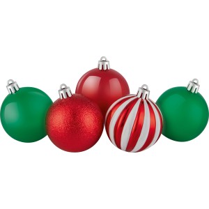 25-teiliges Weihnachtskugel-Set im US-Style (Ø 6 cm) in Rot, Grün und Weiß mit verschiedenen Designs.