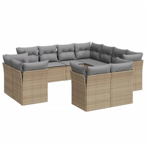 Beige 11-tlg. Garten-Sofagarnitur aus Poly Rattan mit hellgrauen Kissen.