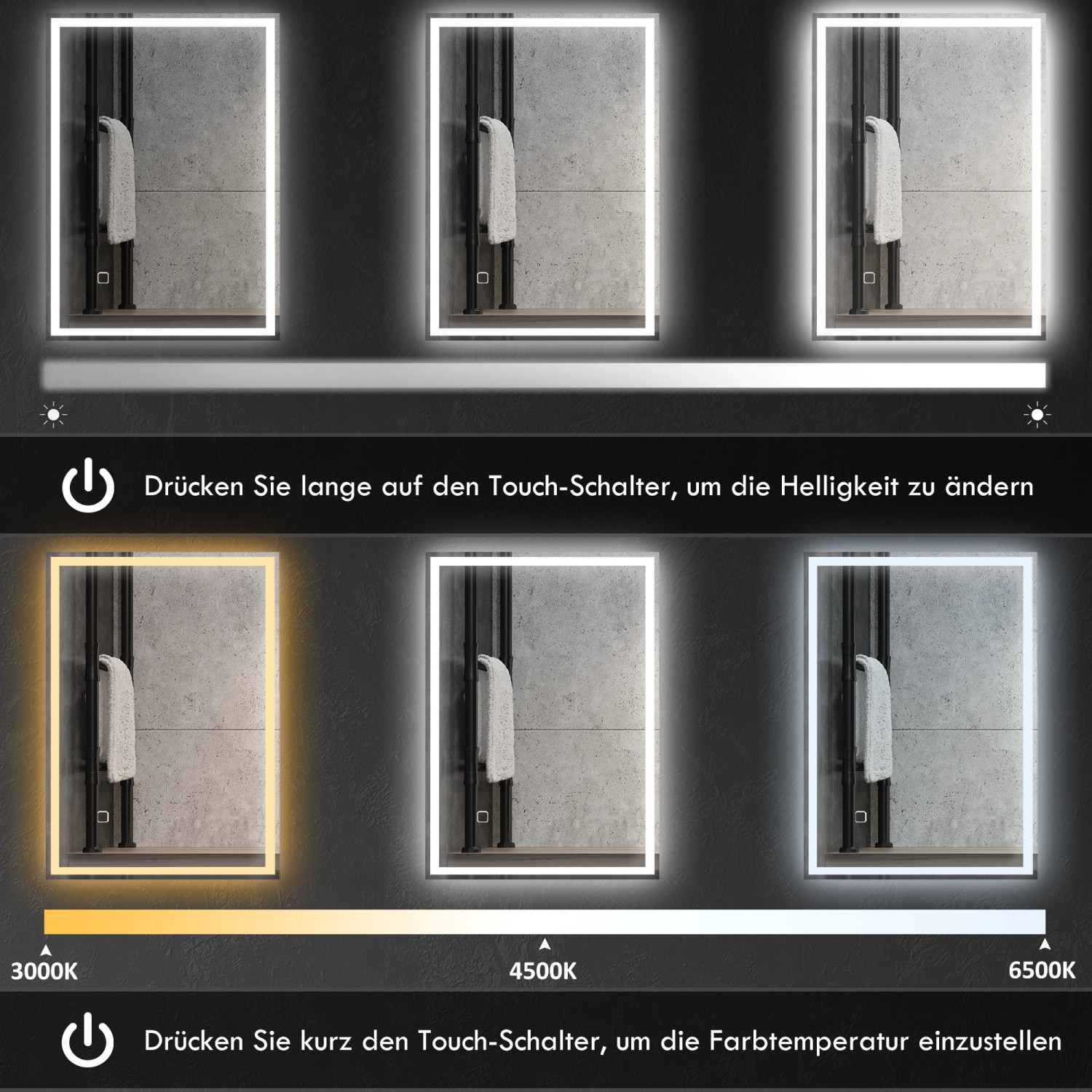 HOMCOM Badspiegel 70x50 cm mit Touchschalter und einstellbarer Beleuchtung.