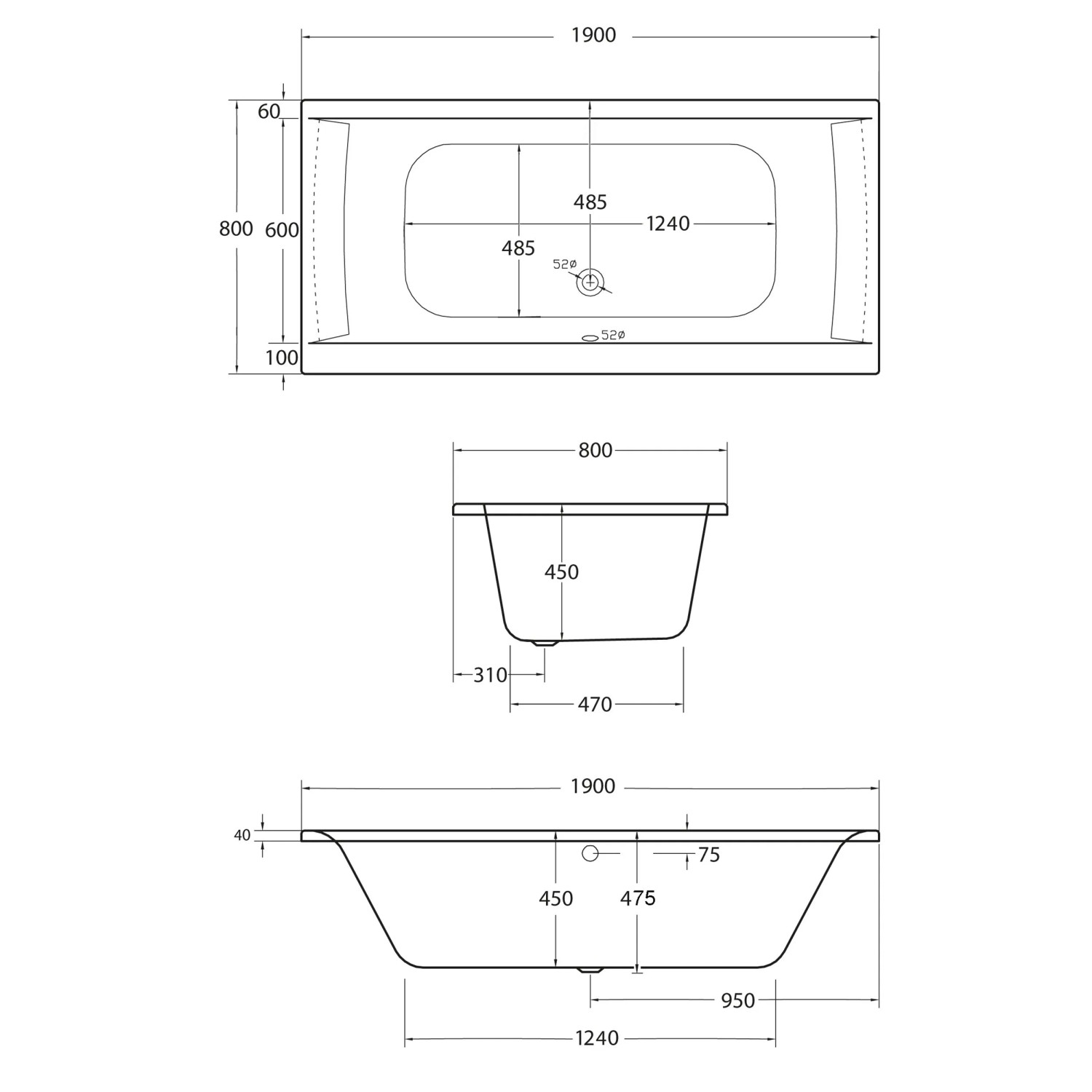 Technische Zeichnung Ottofond Whirlpool-Komplettset Rosa Weiß, Maße 190x80 cm.