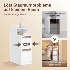 SoBuy Schmaler Nachttisch mit Ladefunktion und LED Lampe Beistelltisch 22 cm Nischenschrank 22x60,5x34cm Weiß FBT178-E-WN