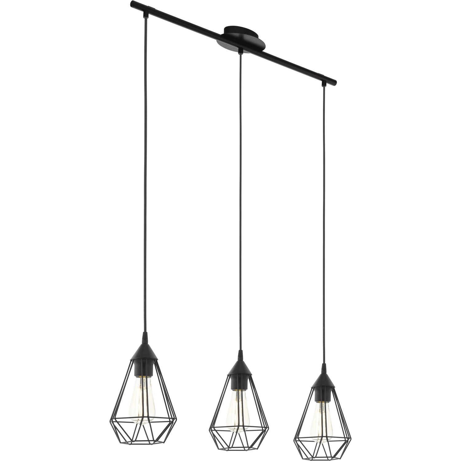 Schwarze Eglo Pendelleuchte Tarbes, 3-flammig, im Vintage-Design mit geometrischen Lampenschirmen.