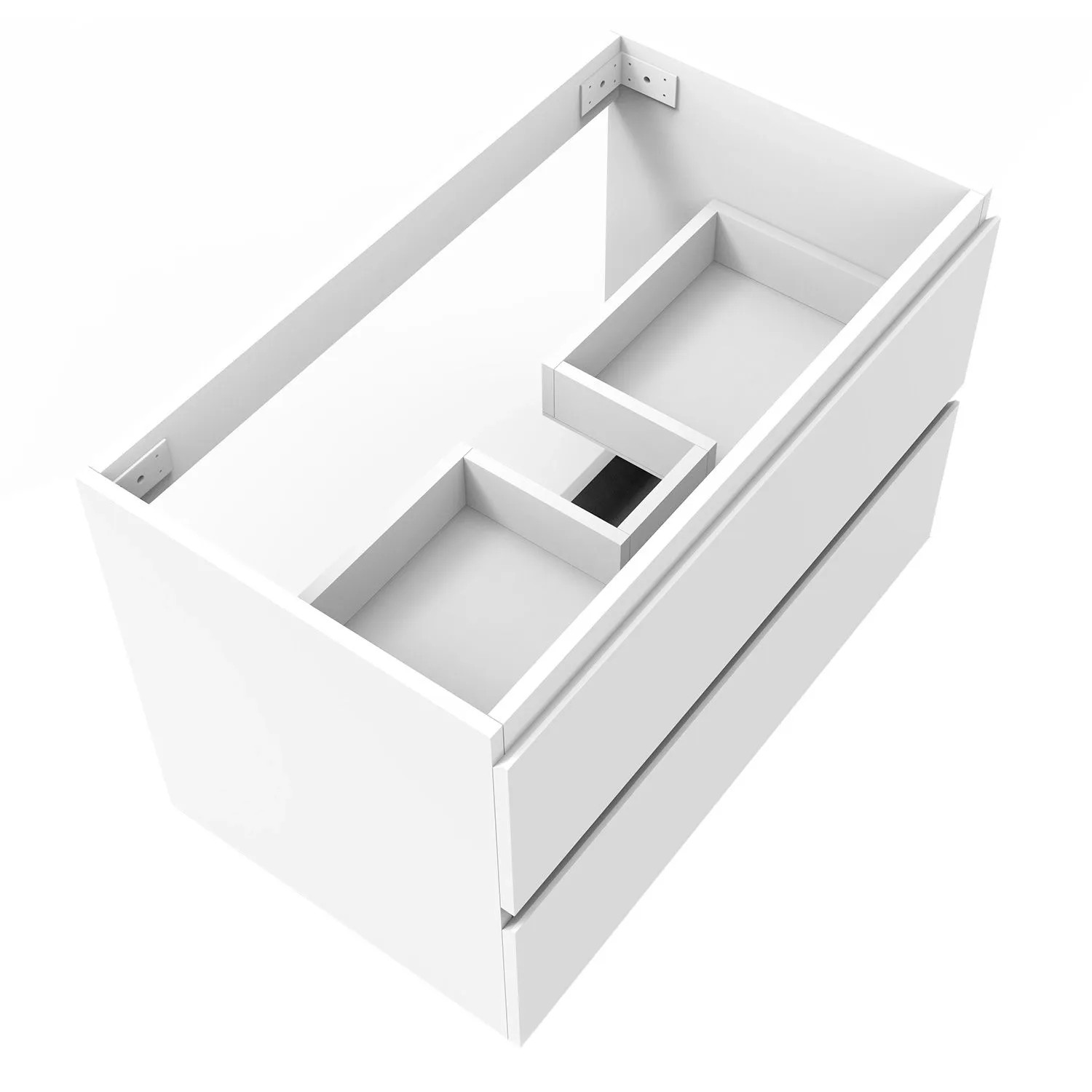 Mattweißer Waschbeckenunterschrank mit 2 Schubladen und Siphonausschnitt. Modernes Badmöbel für Stauraum.